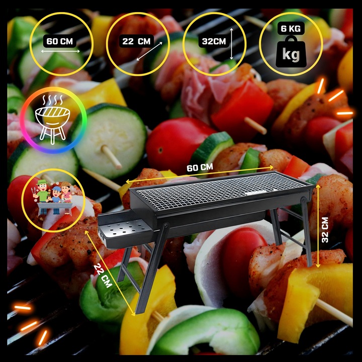 Gratar Gradina, mini gratar portabil, pe carbuni, metalic, GALAXIA® – 60x32x22 cm