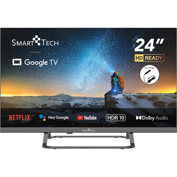 LED телевизор Google TV SmartTech 24HG01VC, 60 см, захранване 12 / 220 V, HD Ready, Smart TV, WiFi, CI+, черен