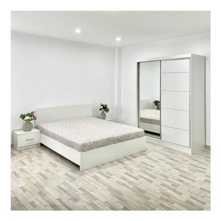 Dormitor Albania, 4 Piese, Pat 160 x 200, 2Noptiere, Dulap cu usi glisante, Culoare Alb