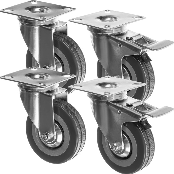 Set 4 roti pivotante industriale cu frana, roti cauciuc silentioase, capacitate 220 kg, rotatie 360°, pentru carucioare, mobilier, bancuri de lucru, 7.5 cm diametru, montaj usor