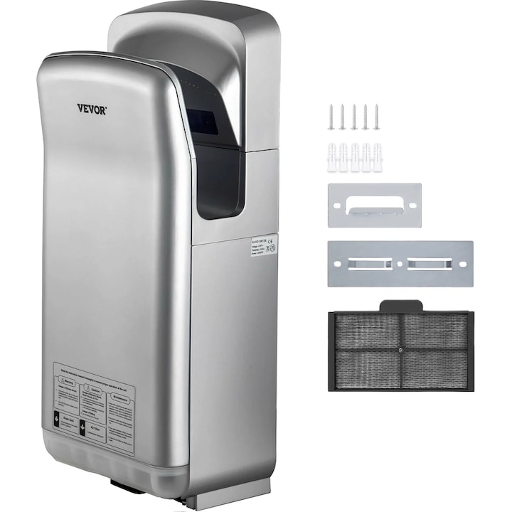 Сушилня за ръце, ABS, 2000 W, HEPA филтрация, бързо съхнене 8-10 секунди, 290 x 220 x 685 мм, сребриста