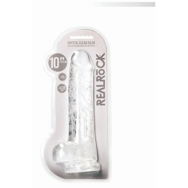 Дилдо с тестиси, RealRock, 25.4 см, Вмъкващ се, Прозрачен, TPE