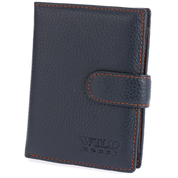 Férfi pénztárca, Wild Horse, valódi bőrből, kék, patentzárral, 13 kártyatartóval, ajándékdobozban