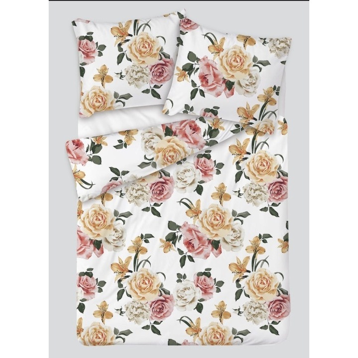 MATEX ágyneműgarnitúra, 140x200cm, 70x90cm, 100% pamut, rózsaszín liliomokkal fehér alapon