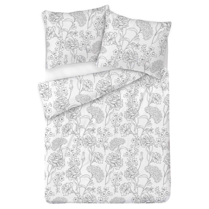 MATEX ágyneműgarnitúra, 140x200cm, 70x90cm, szürke virágok, 100% pamut