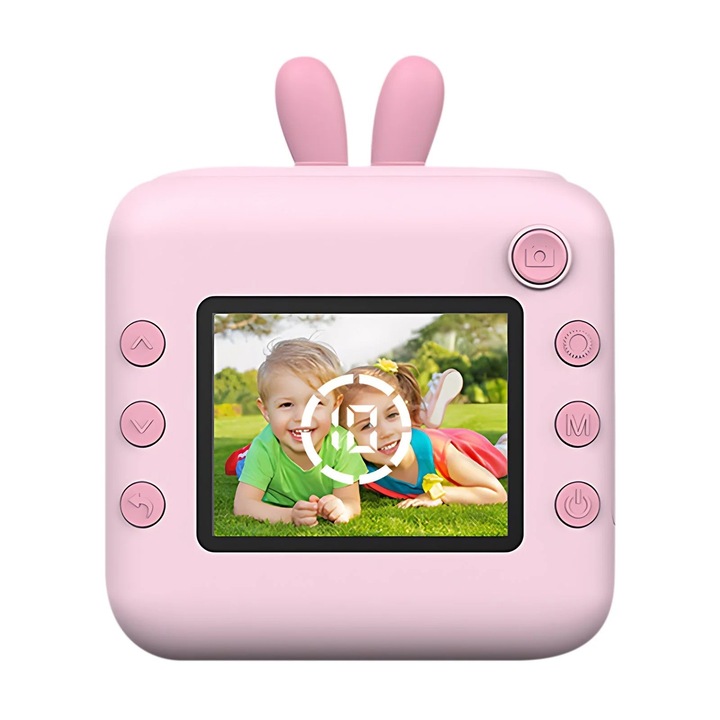 Set Camera Foto Copii cu Printare Instant, 24MP, Video HD, Bluetooth, App iOS/Android, Model Iepuras Roz, 3+ ani
