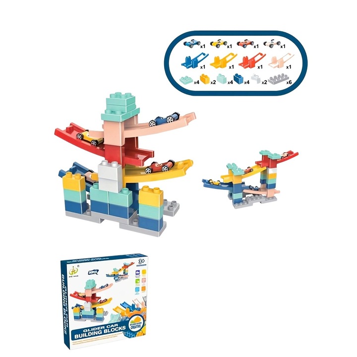 Építőkészlet, Danex, autós rámpa, 30 darab, 4 kisautó, fiúknak