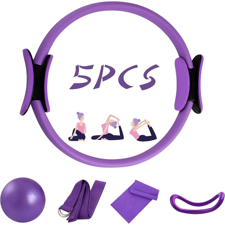 Garantie 90 de zile Set de inele Pilates, Cerc magic anti-deformare, Manere duble captusite, Imbunatateste echilibrul si postura, Include minge de exercitii gonflabila, Design portabil si durabil