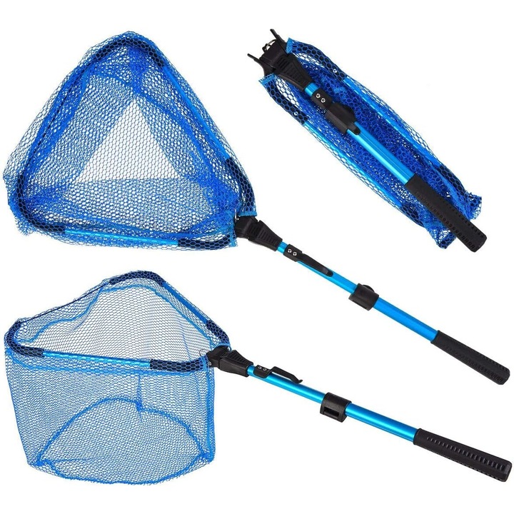 Cap de plasa de pescuit plutitor, maner EVA rezistent la alunecare, maner telescopic din aluminiu, albastru (ABS) Enforose