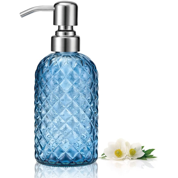 Üveg szappanadagoló, hosszúkás, függőleges csíkos kialakítás, ólommentes üveg anyag, 304 rozsdamentes acél tartály, fürdőszobába vagy konyhába