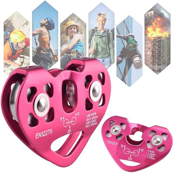 Scripete tandem pentru alpinism, Noonedibs, tiroliana si catarare dublu, cu rulmenti, cu o rezistenta de de rupere de 30KN, (3000KG), pentru coarda de 8-13mm si cablu de maxim 12Mm Max Rosu