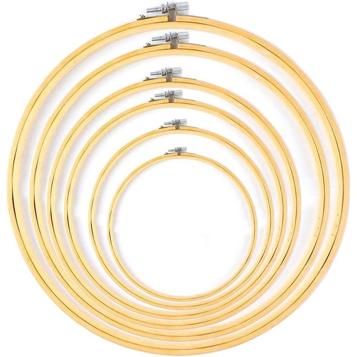 Set 6 cercuri brodat bambus, ajustabile, natural, 10x15x17x23x26x30cm