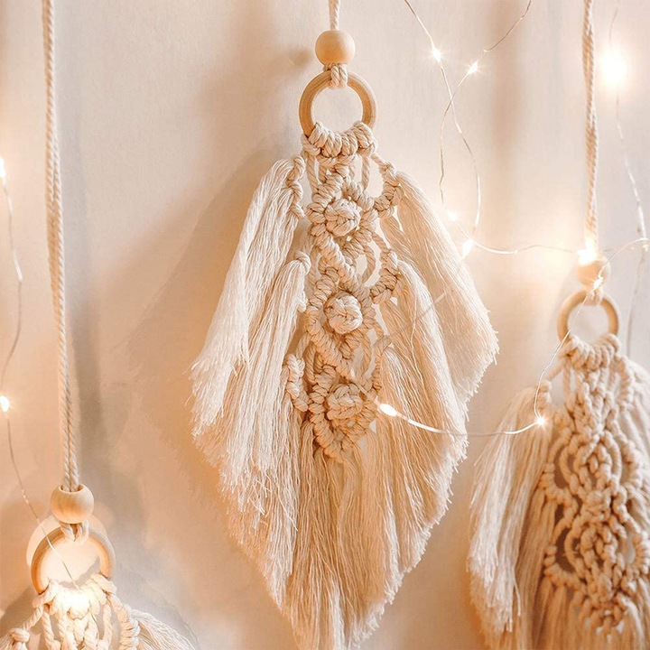 Decoratiune perete frunze boho, bumbac, 95x30cm, ivoire