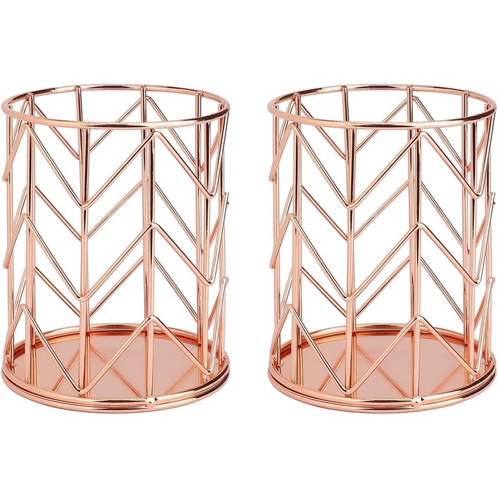 Suport metalic pentru pixuri, 2 piese, design elegant, roz auriu, pentru birou, acasa sau scoala