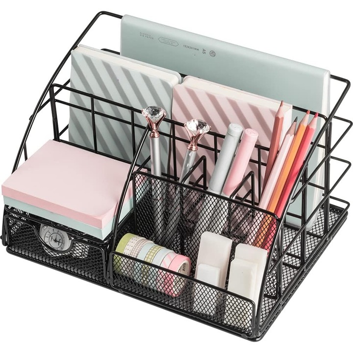 Organizator birou, suport pixuri si accesorii din plasa metalica, 8 compartimente si sertar, negru, 1 buc.