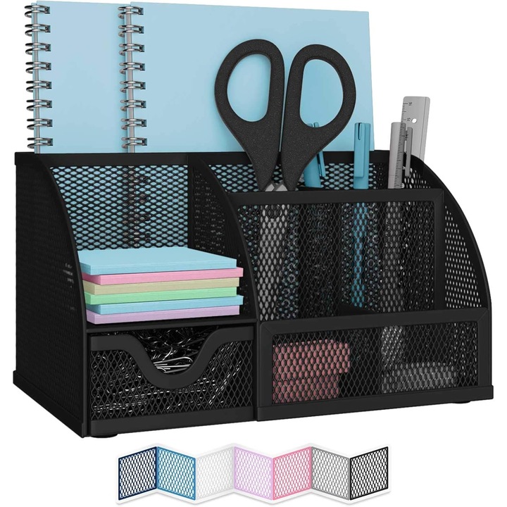 Organizer birou, suport pentru pixuri si accesorii din plasa metalica, cu sertar si compartimente multiple, baza anti-alunecare, negru, 1 buc