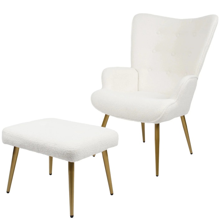 Szék/lábtartó szett, gyapjú anyag, fém váz, 13 cm-es párnák, fehér, 68x99cm