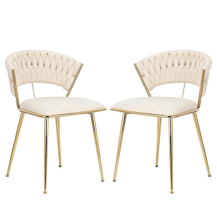 Комплект от 2 трапезни стола, кадифе, ергономични, бели