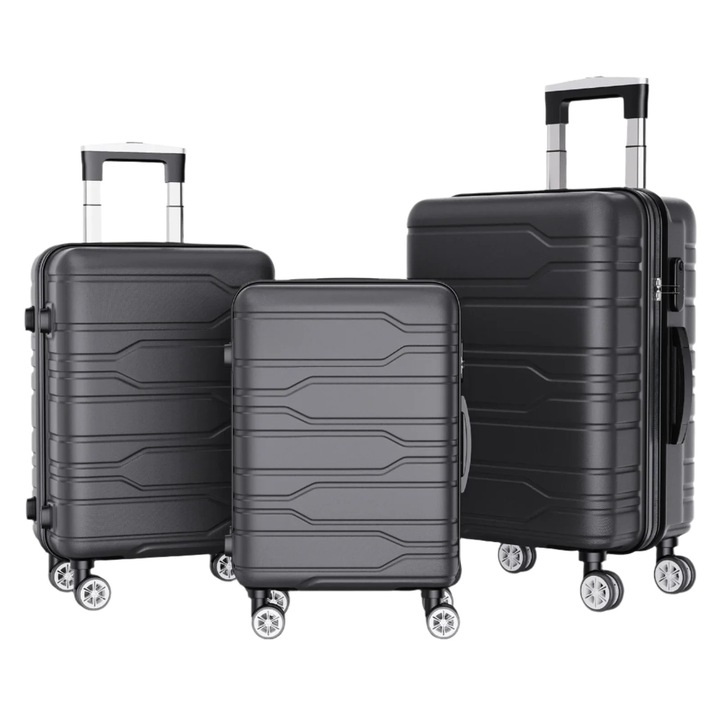 3 darabos bőröndkészlet, tartós ABS kemény oldalú bőrönd, 4 csendes kerék, ütésálló, karcálló, fekete