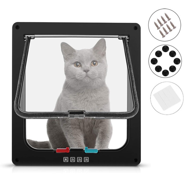 Ușă batantă pentru animale de companie, Prixtal, XL, 28x25x2 cm, 4 moduri de funcționare, neagră