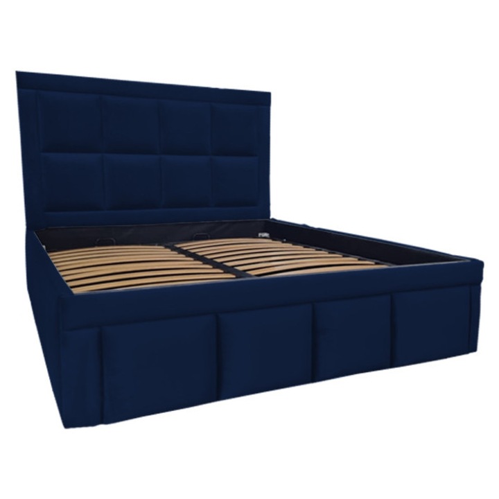 Pat tapitat Premium, 180/200 cm, navy blue 242, cu somiera metalica rabatabila si spatiu de depozitare
