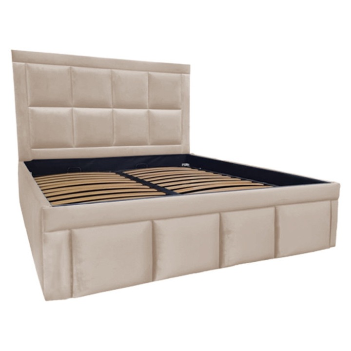 Pat tapitat Premium, 140/200 cm, crem deschis 231, cu somiera metalica rabatabila si spatiu de depozitare