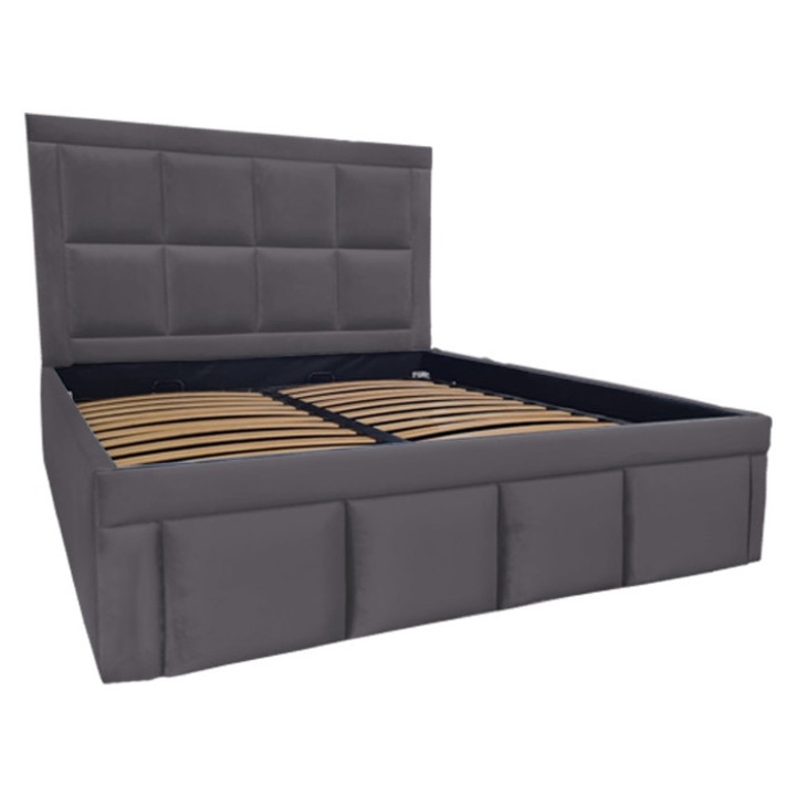 Pat tapitat Premium, 180/200 cm, gri grafit 247, cu somiera metalica rabatabila si spatiu de depozitare