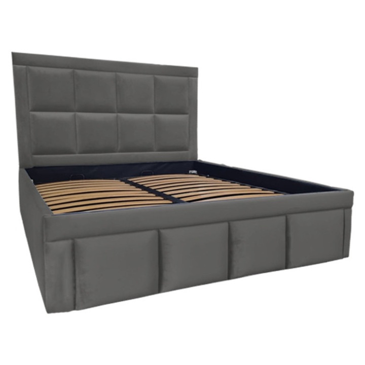 Pat tapitat Premium, 180/200 cm, grey sky 267, cu somiera metalica rabatabila si spatiu de depozitare