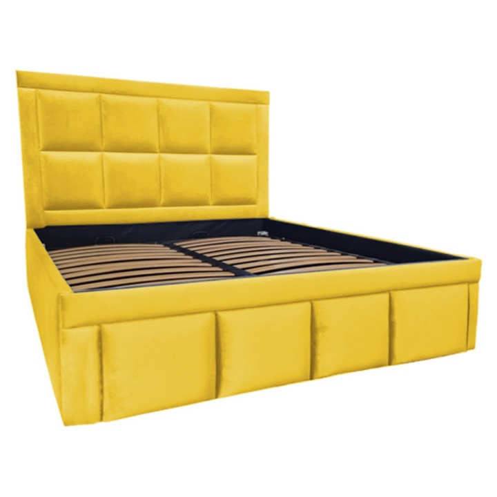 Pat tapitat Premium, 160/200 cm, galben ocru 257, cu somiera metalica rabatabila si spatiu de depozitare