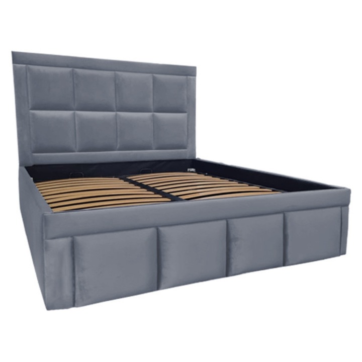 Pat tapitat Premium, 140/200 cm, gri melange 245, cu somiera metalica rabatabila si spatiu de depozitare