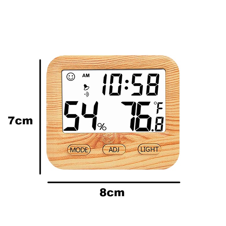 Termometru higrometru multifunctional cu ceas, ecran LCD iluminat, maro, 10x7cm