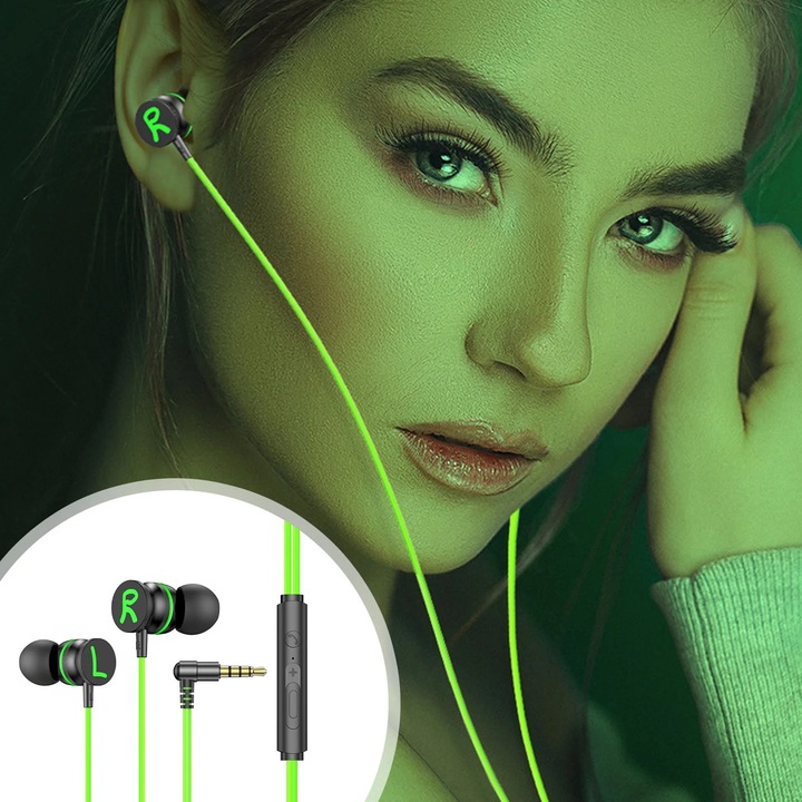 Casti cu fir YANYXR, microfon, bass puternic, verde, 1.2m