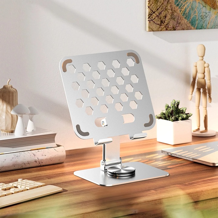 Suport tableta YANYXR metalic pliabil rotativ 360°, argintiu, 18.7x15.6x10cm