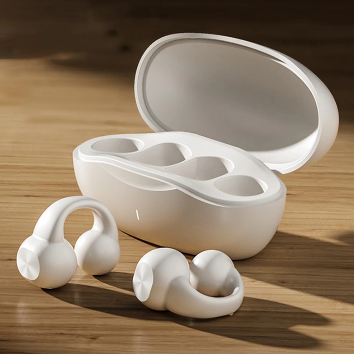 Vezeték nélküli fülhallgató, fülbevaló típusú, Bluetooth 5.3, nyitott, fehér, 10x7x3.6cm