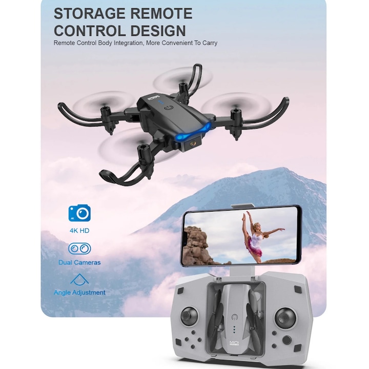 Drona KY906 4K HD cu camera, modul de mentinere a inaltimii, dimensiuni 14.8x13.3x3.6cm, multicolor