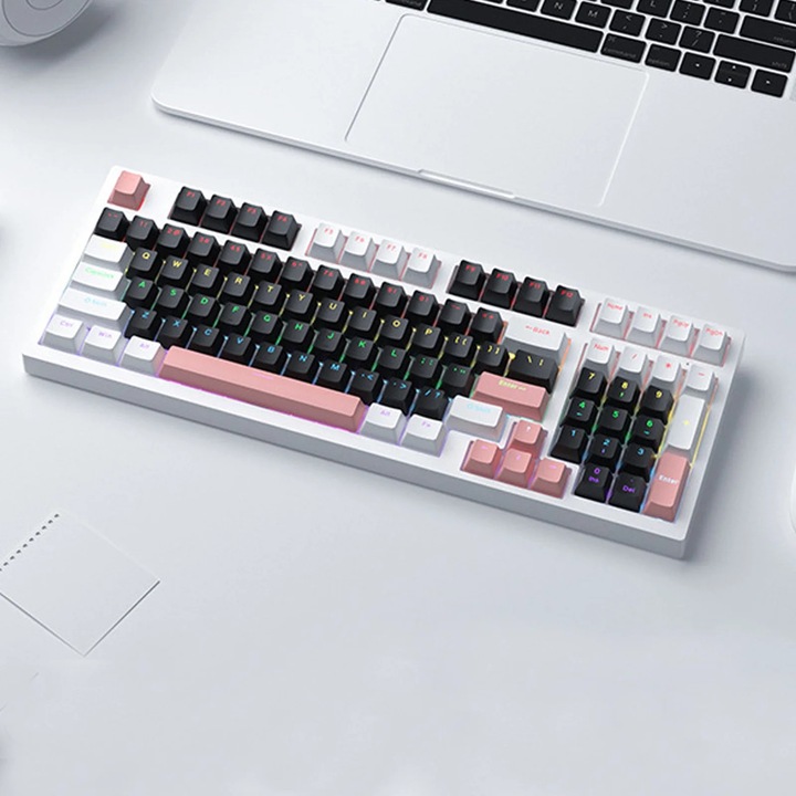Tastatura mecanica YANYXR, 98 taste, iluminare color, roz, 29x10x3.5cm