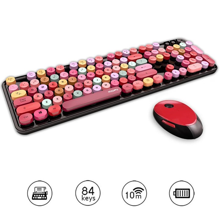Tastatura wireless Bluetooth YANYXR 104 taste rotunde roz alb 30x12cm