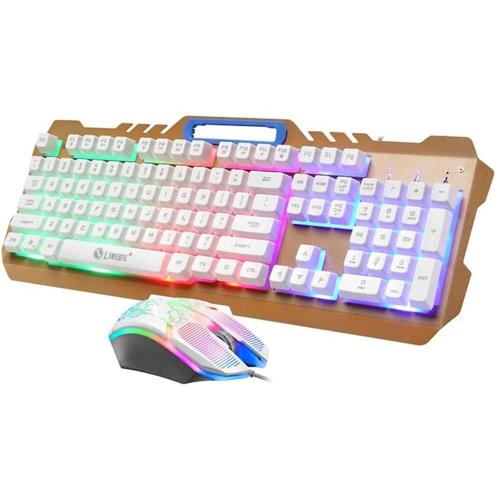 Set tastatura si mouse YANYXR, iluminare LED, 104 taste, alb, USB, 35x12x3cm