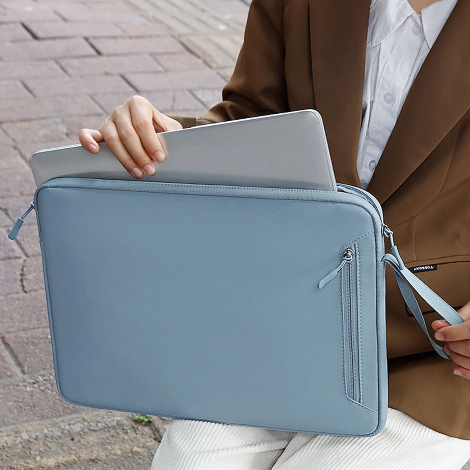 Geanta laptop YANYXR 14.1-15.4 inch, dublu strat, albastru deschis, 39x28x3cm