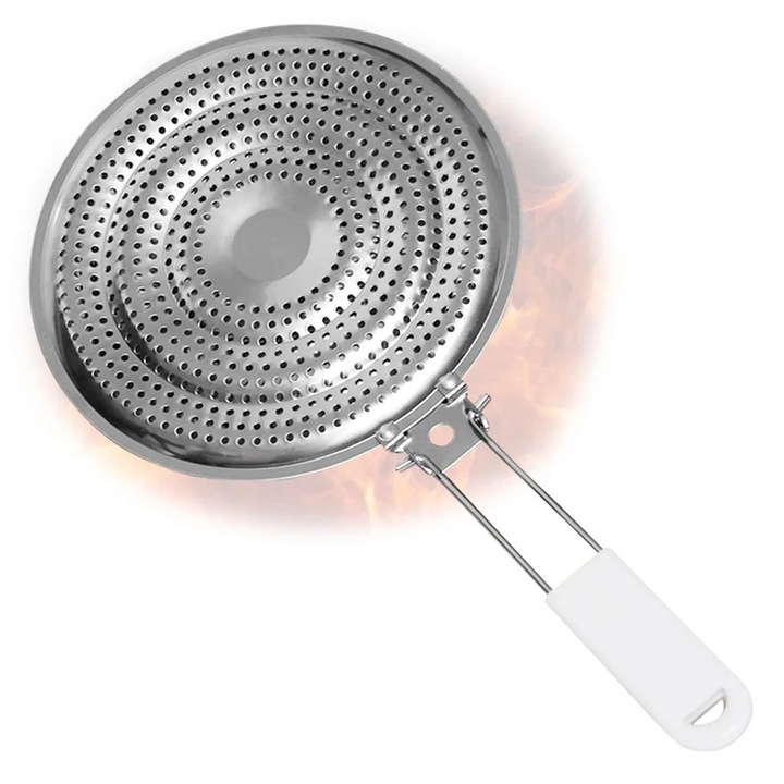 Hőelosztó gázfőzőlaphoz LR-20260824-16462, perforált rozsdamentes acél, fehér összecsukható fogantyú, 8.25 x 15.75 in