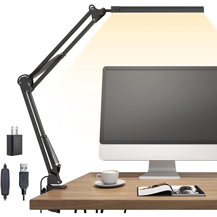 Lampa de birou LED, lampa de masa cu brat articulat pliabil, 10 niveluri luminozitate, 3 trepte temperatura culoare 3200-6500K, protectie pentru ochi, clema metalica cu pad siliconic, alimentare USB 5V/2A, Negru, 1 buc