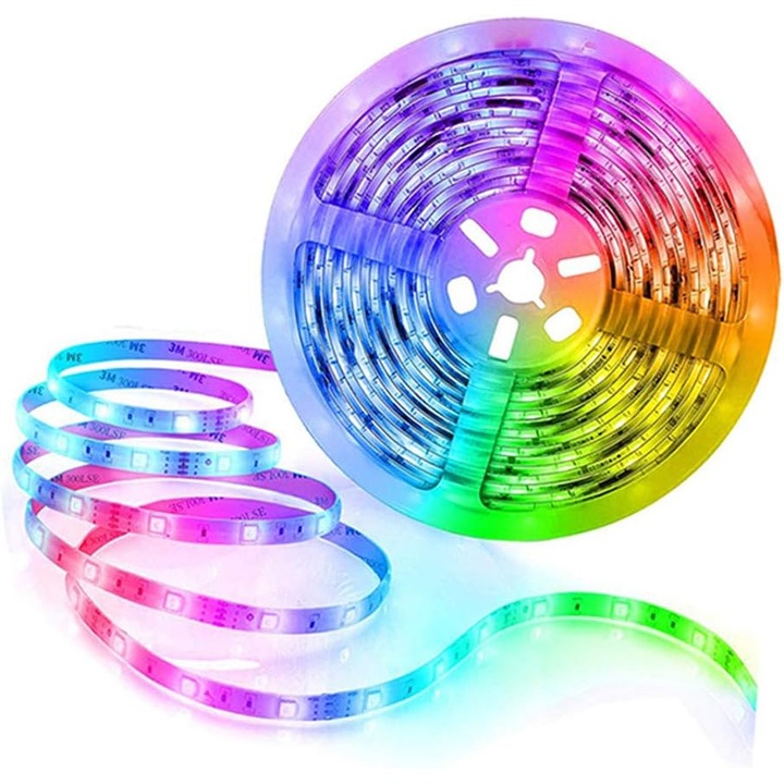LED RGB szalag 5m, színváltós, Bluetooth vezérlés, vízálló