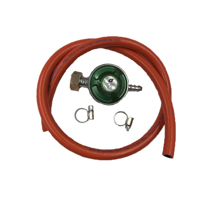 Set regulator GPL, Kruger, certificat CE, contine furtun caz 1 m si 2 coliere din otel pentru furtun