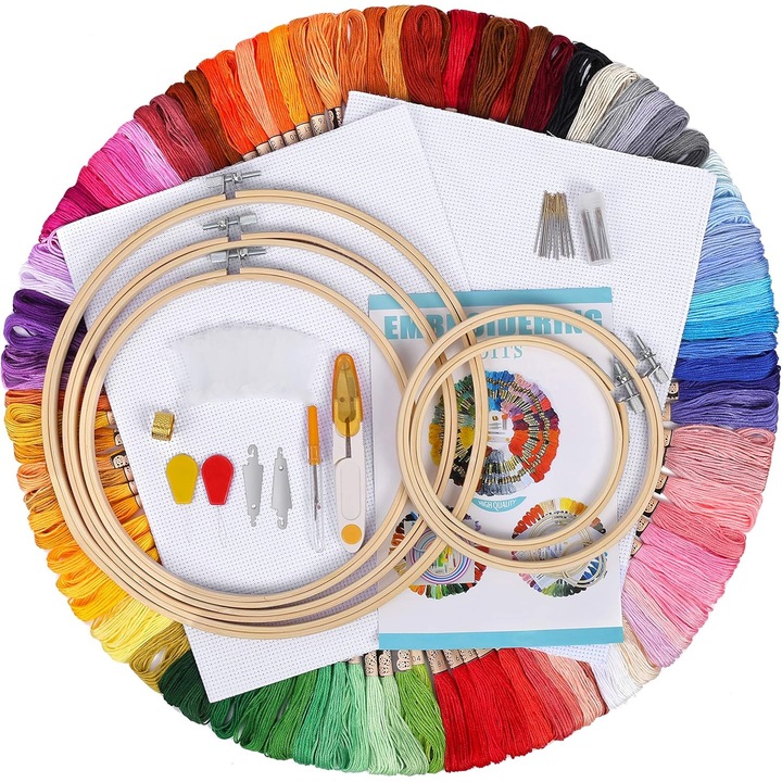 Set complet de broderie, 100 fire colorate, 5 rame din bambus, 2 panze, 12x18 inch, 9 ace, 1 cutie pentru ace, 1 foarfeca, 1 degetar, 1 separator de fire, 2 infasuratori de ace
