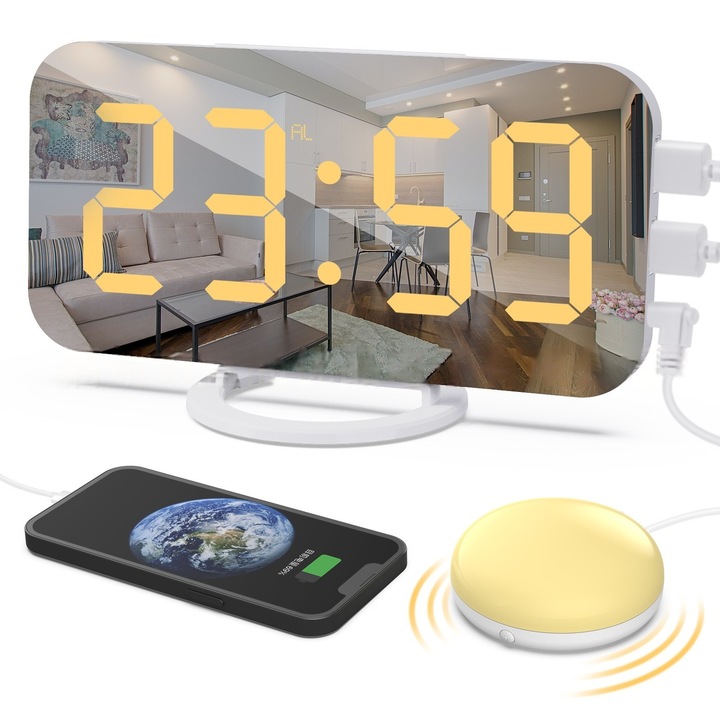 Ceas decorativ Zeaicos, ceas de alarma digital cu functie de vibratie, lumina de noapte, dimensiuni 16.7x6.2x9.4cm, alb