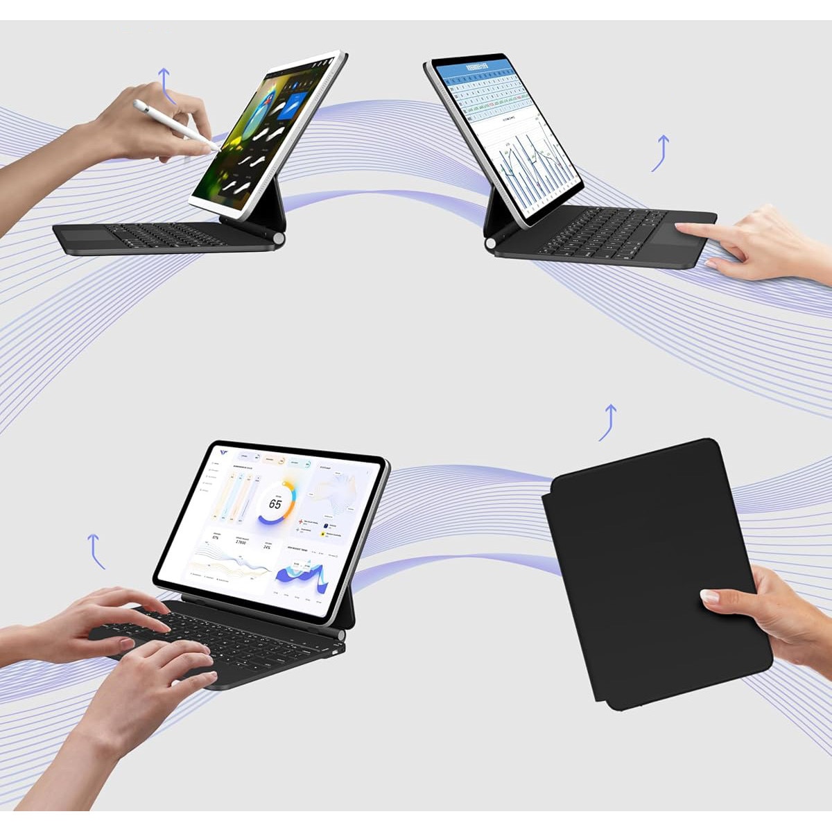 Husa cu tastatura Nuflaz pentru iPad Air 11 inch, iluminare 7 culori, port Type-C, 850g