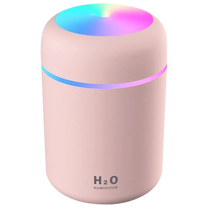 Umidificator Mini Colorat Zeaicos, 11.9x7.8x7.8cm, 2 moduri de vaporizare, gri inchis, alb, roz