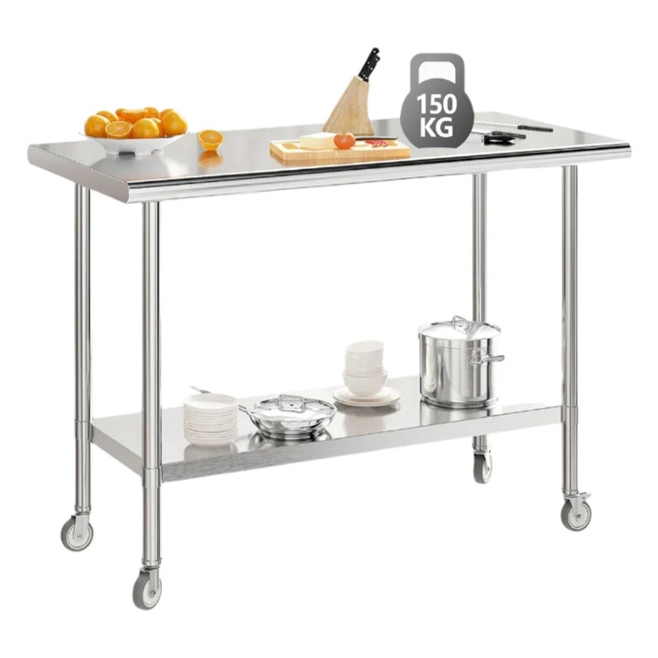 Работна маса от неръждаема стомана, 48 x 24 см, регулируем рафт, колелца със спирачки, сребриста