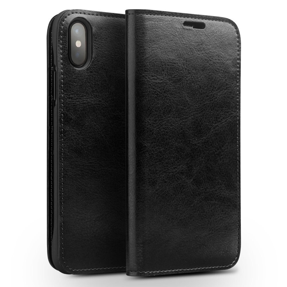 Husa iPhone X / XS, Qialino Classic Wallet, din piele fina tip carte, cu buzunare carduri si bani, culoare Negru