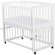 Patut co-sleeper, Qmini, Dalia, Multifunctional, 90x50 cm, Din lemn de pin, Reglabil pe orice treapta de inaltime la patul parintilor, Sistem de ancorare si roti cu frana incluse, Alb